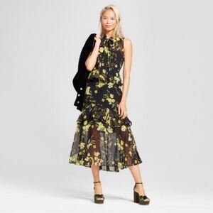 NWOT Who What Wear Yellow and Green Floral Sheer Sleeveless Maxi Dress XS